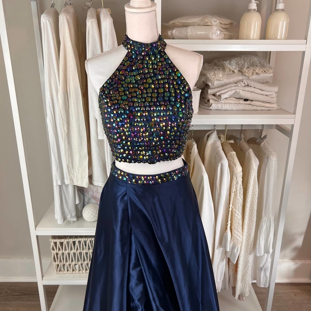 Sequin Halter Midi Dress - Multicolor and Navy